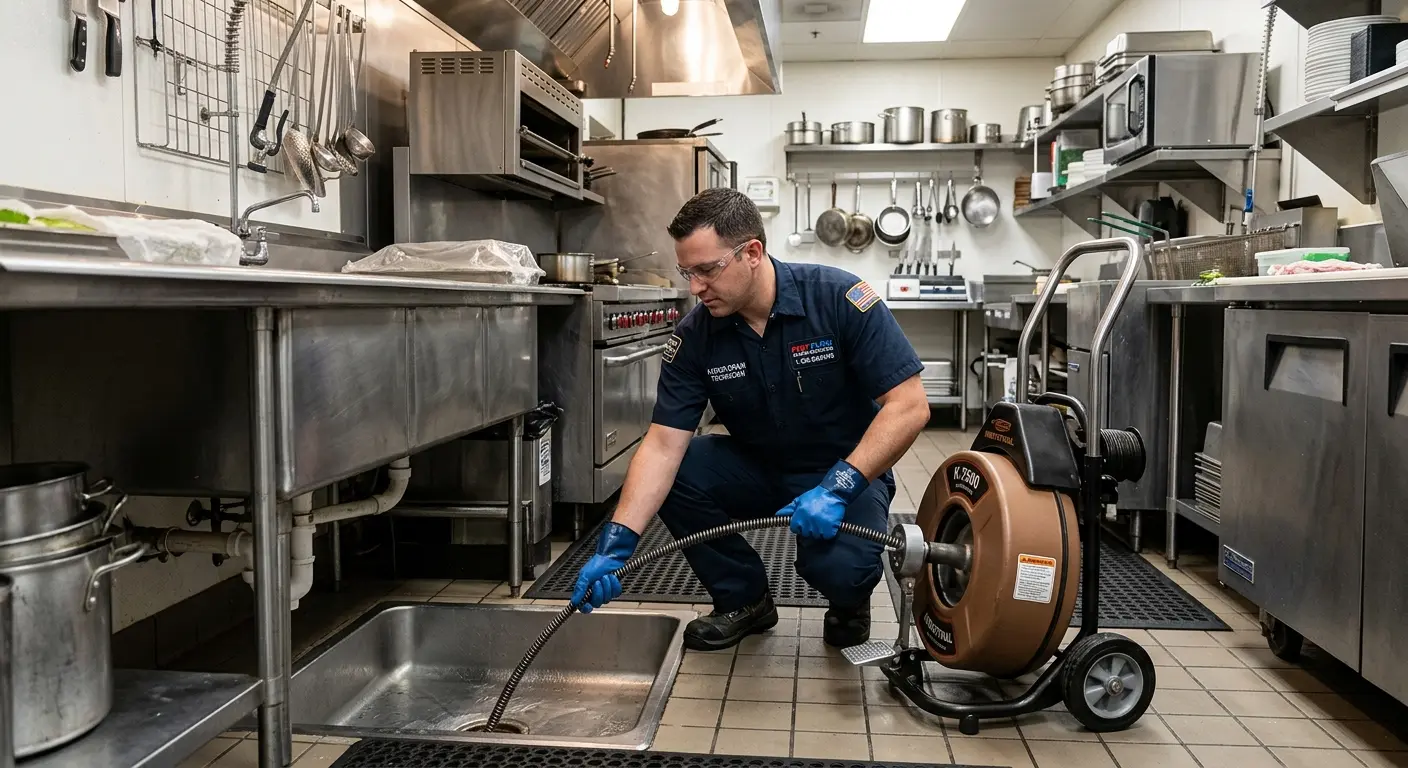 Commercial drain cleaning service in a restaurant kitchen in Milton